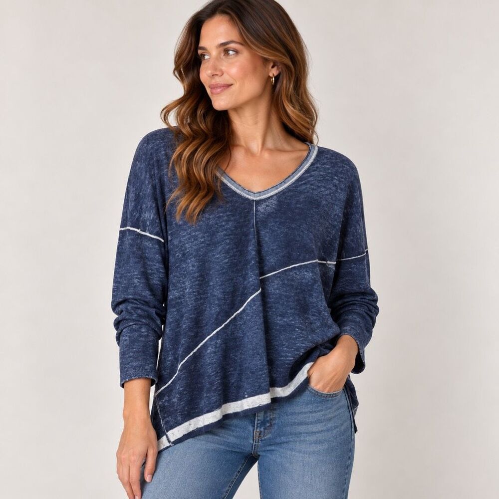 Kokun Bamboo Cashmere Blend Sweater Size XS Small Navy Blue Long Sleeve V Neck
